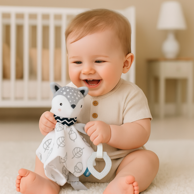 doudou bebe amusant renard avec bébé assis souriant