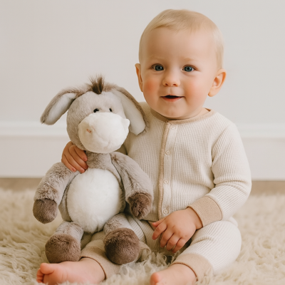 doudou bébé âne chocolat avec bébé assis souriant