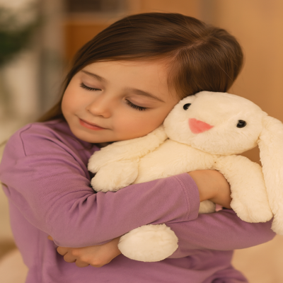 doudou bebe anniversaire beige enfant serrant dans ses bras