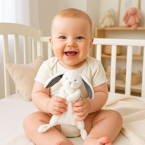 doudou bebe berceau blanc avec bébé assis dans berceau