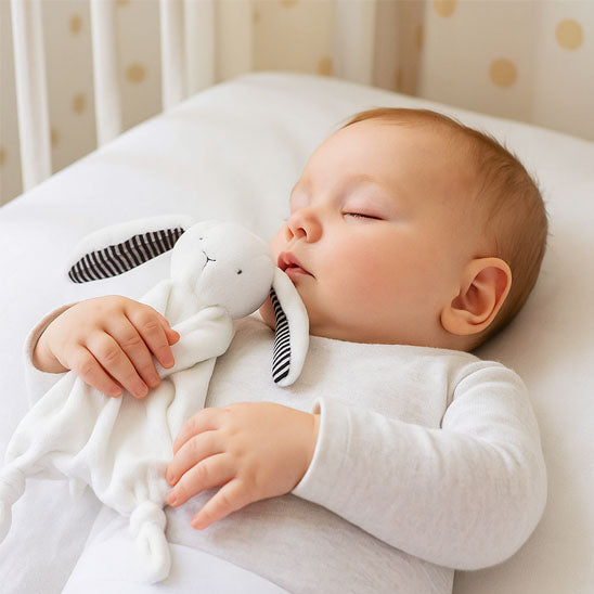 doudou bebe berceau blanc avec bébé endormi