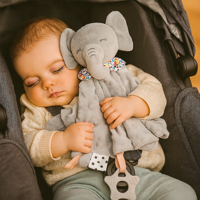doudou bébé câlin magique éléphant gris adorable avec bébé dans poussette