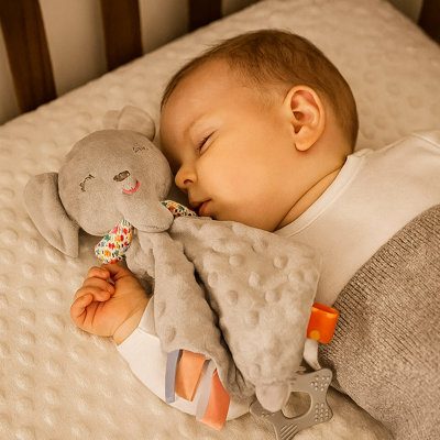 doudou bébé câlin magique éléphant gris avec bébé endormir