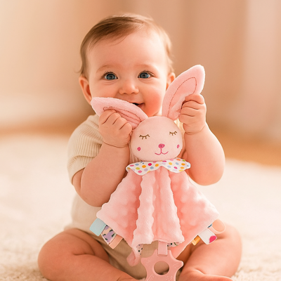 doudou bébé câlin magique lapin rose avec bébé assis jouant