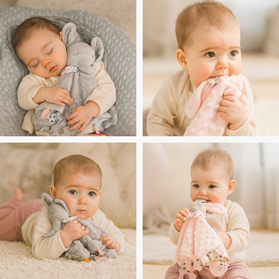 doudou bébé câlin magique lapin rose et éléphant gris présenté avec bébé