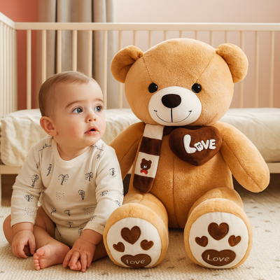 doudou bébé fille boumboune marron clair avec bébé jouant