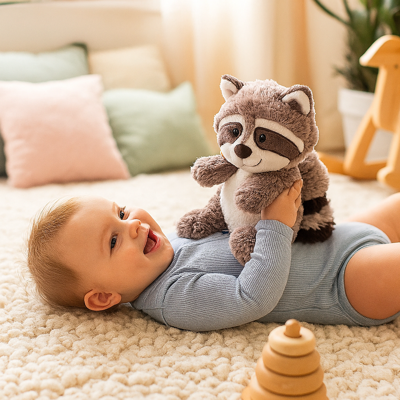 doudou bébé fille cadeau bébé couche riant avec doudou