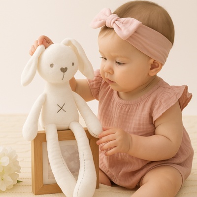 doudou bébé fille pompon lapin blanc avec bébé fille