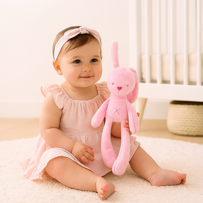 doudou bébé fille pompon lapin rose avec bébé assis