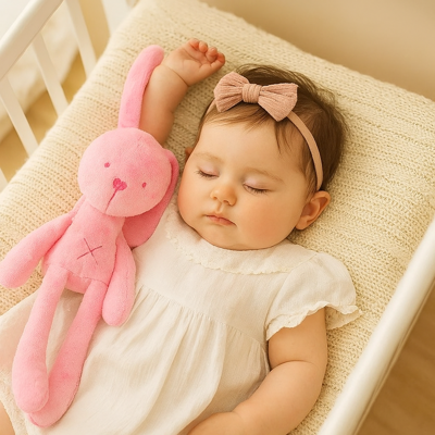 doudou bébé fille pompon lapin rose avec bébé endormi