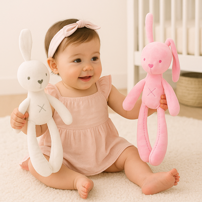 doudou bébé fille pompon lapin rose et blanc avec bébé fille assise