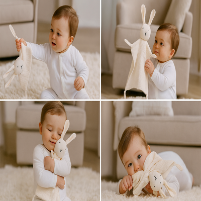 doudou bébé jouet de sommeil beige avec bébé qui s'amuse