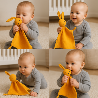 doudou bébé jouet de sommeil jaune avec bébé assis jouant avec doudou