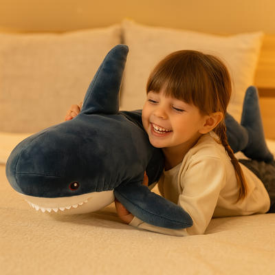 doudou pour bebe requin bleu avec enfant souriant