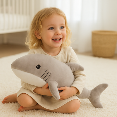 doudou pour bebe requin gris clair avec bébé assis souriant