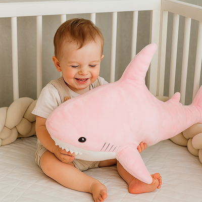 doudou pour bebe requin rose avec bébé assis dans berceau