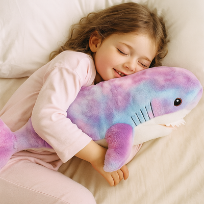 doudou pour bebe requin violet avec bébé endormi