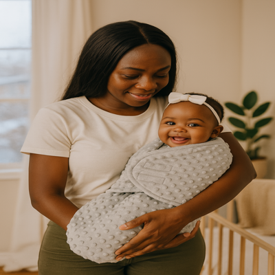 emmaillotage couverture polyester gris couvert bébé dans bras de maman