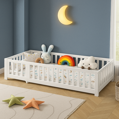 lit au sol bebe sécurisé avec sommier blanc robuste