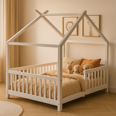 lit au sol bebe style montessori blanc avec coussins