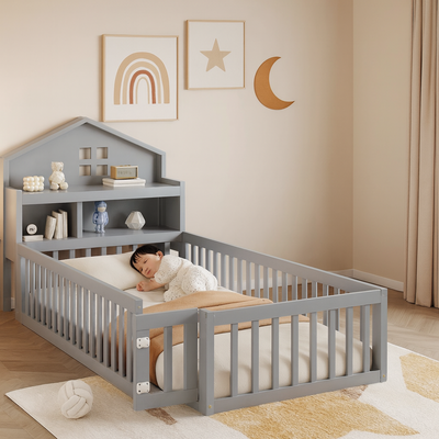 lit au sol pour bebe avec etagere gris bebe endormi