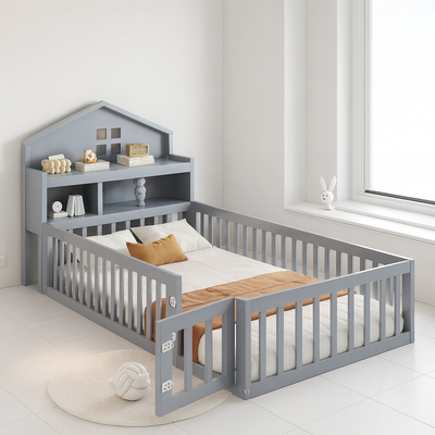 lit au sol pour bebe avec étagère gris confortable