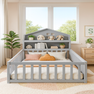lit au sol pour bebe avec etagere gris robuste