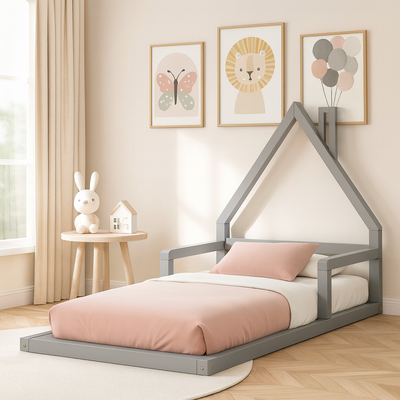 lit au sol unisexe gris avec gravure au mur