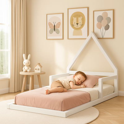 lit au sol unisexe ivoire enfant endormi