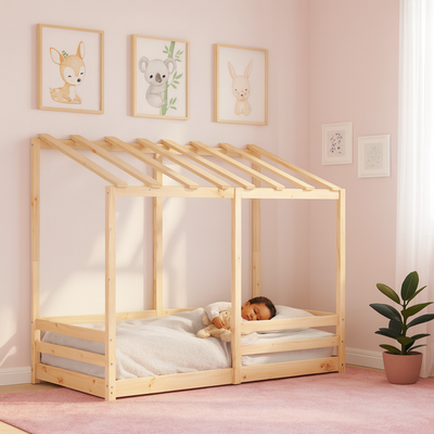 lit bebe au sol maisonnette en pin massif avec bébé endormi