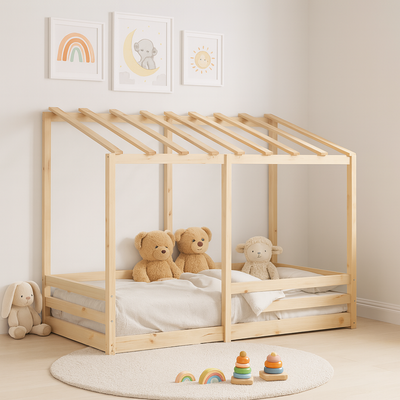 lit bebe au sol maisonnette en pin massif avec doudous