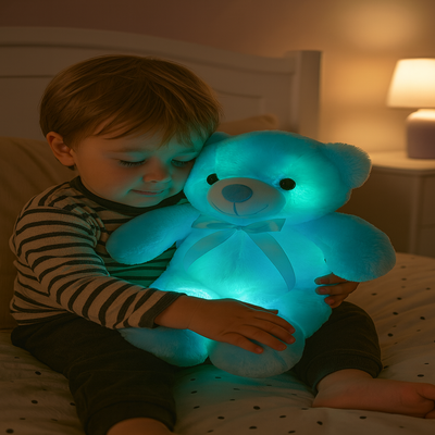 peluche veilleuse ours bleu enfant assis