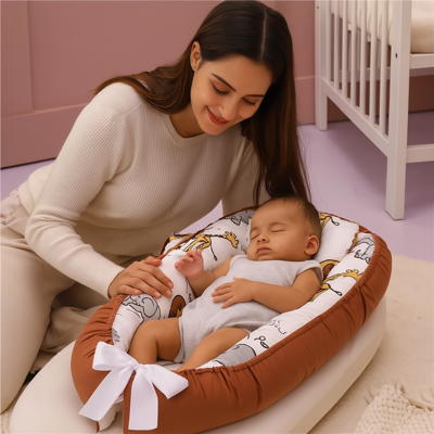 réducteur de lit bébé portable avec bébé couché dedans avec maman