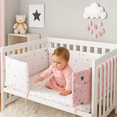 tour de lit bebe confortable étoiles avec bébé assis