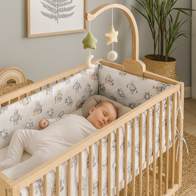 tour de lit bebe confortable robot avec bebe endormi