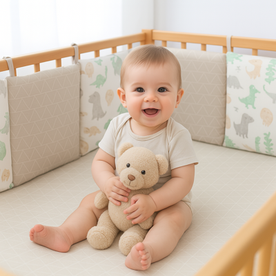 tour de lit lunéa animal avec drap bébé assis avec nounours