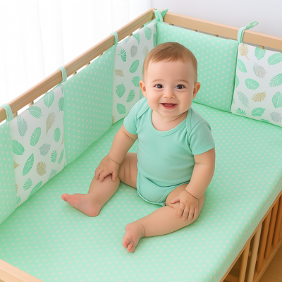 tour de lit lunéa feuille verte avec feuille bébé assis