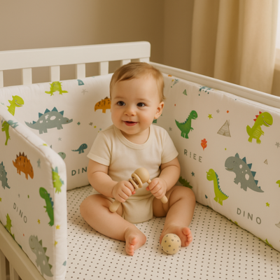 tour de lit pour bebe luma crocodile avec bébé assis et jouant dans berceau