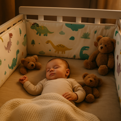 tour de lit pour bebe luma dinosaure avec bébé endormi avec nounours