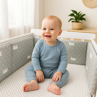 tour de lit pour bebe luma gris corbeau avec bébé assis