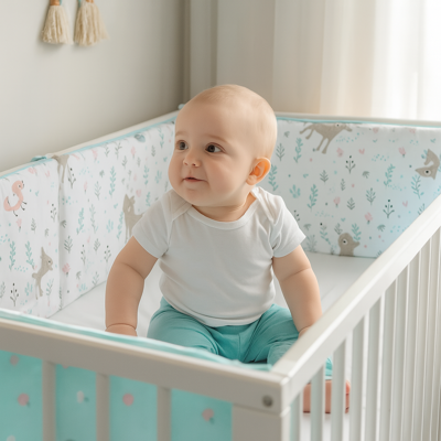 tour de lit respirant brume bleu avec bébé assis