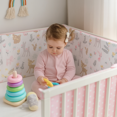 tour de lit respirant brume rose avec bébé assis jouant