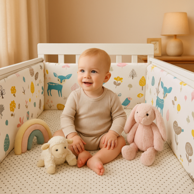 tour de lit respirant zéphir cerf avec bébé assis avec nounours
