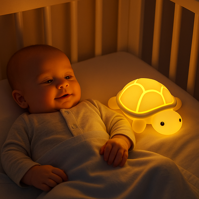 veilleuse tortue douce lumiere bébé couché dans berceau