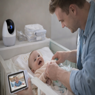 video babyphones vision nocturne papa avec bébé