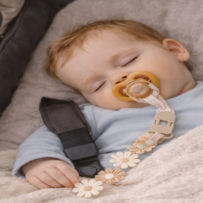 attache sucette lanière marron clair bébé allongé