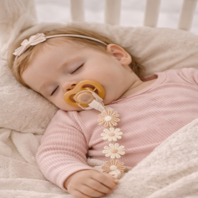 attache sucette lanière marron clair bébé dort