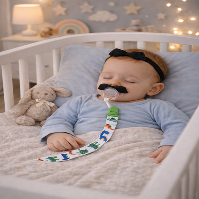 attache sucette moustache vert bébé dans sa chambre
