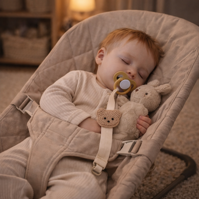 attache tetine doudou l'ours bebe beige dans transat