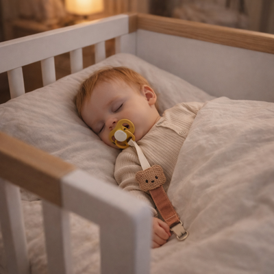 attache tetine doudou l'ours brun bébé dort